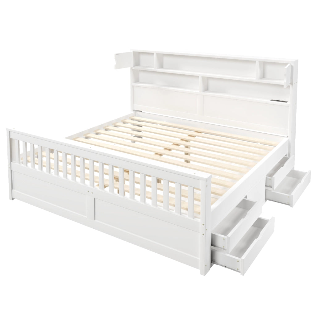 LETTO con testiera libreria 180x200 cm Bianco con 4 cassetti e LED