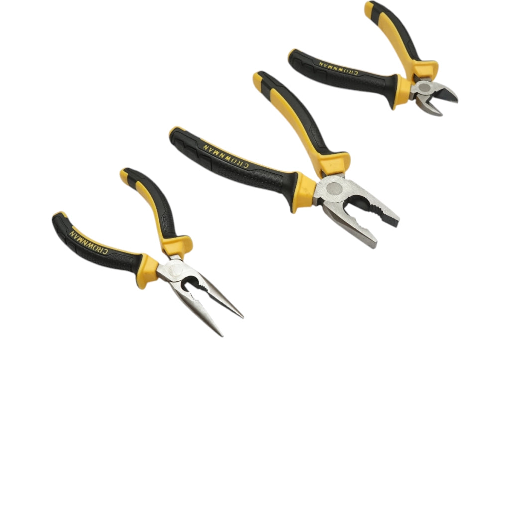 Set di 3 pinze combinate da 200 mm, 165 mm e 165 mm con punta affilata, marca Crownman Professional.