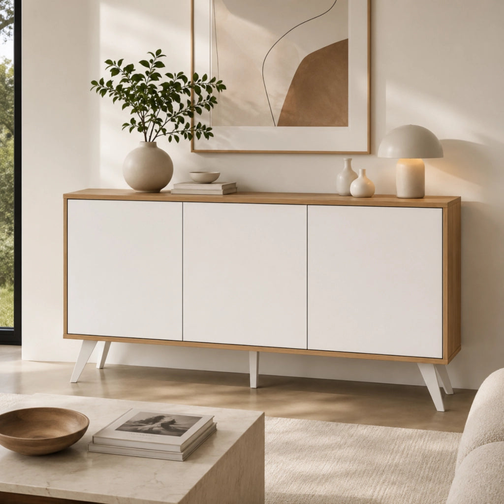 Mobiletto Credenza Moderna Con 3 Ante Senza Maniglie Design Minimal Per Soggiorno Salotto Corridoio E Ingresso 154 X 72 X 40 Cm Bianco E Rovere