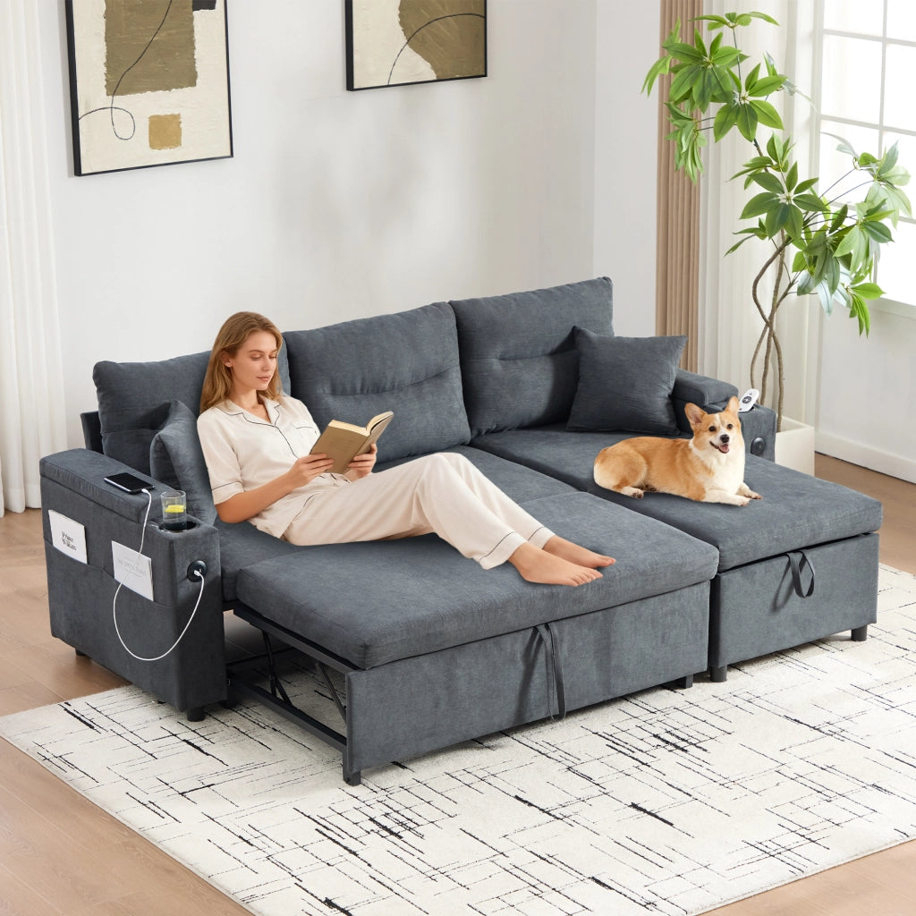 Divano convertibile a 3 posti in lino con contenitore, porte USB-C, chaise longue idraulica e letto estraibile grigio scuro