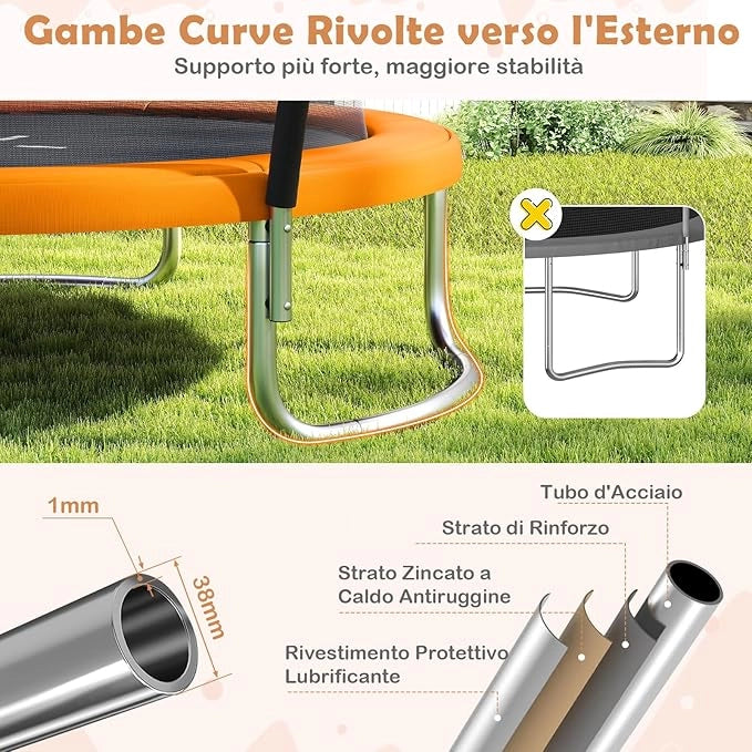 Trampolino Elastico per Bambini e Adulti 244 cm/305 cm/366 cm, Tappeto Elastico da Esterno con Rete di Sicurezza, Scala e Telaio in Acciaio Zincato Antiruggine