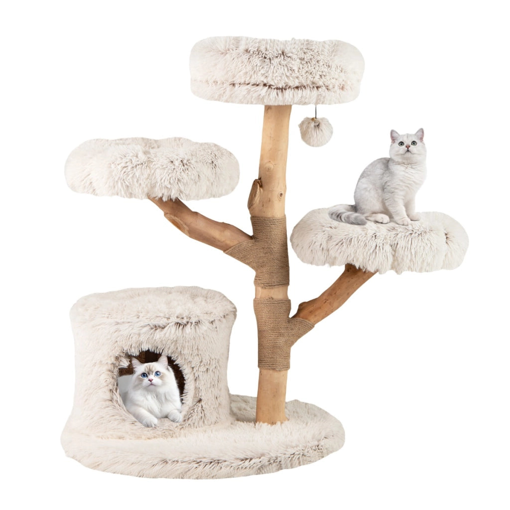 Torre per gattini in legno alta 102 CM con condominio 2 piattaforme a forma di fiore trespolo, Moderno albero per gatti Bianco