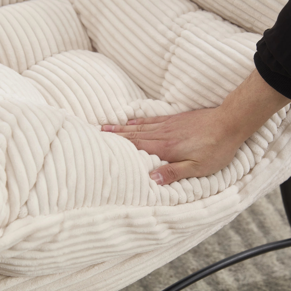 Fauteuil con pouf e tasca laterale con braccioli in acciaio e cotone PP bianco per soggiorno, relax e giardino