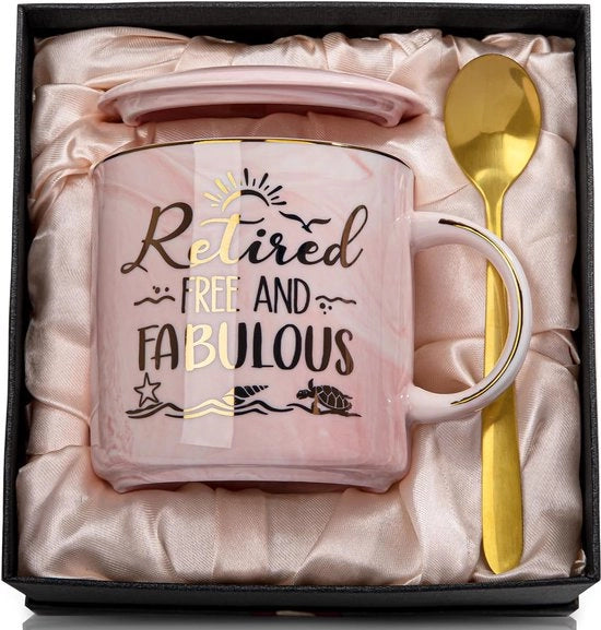 Regalo di pensione per donne, Regalo di pensione Donna Mok, Regali di pensione per donne, 14 oz Caffè in ceramica personalizzato, con cartolina, cucchiaio, coperchio, scatola di regalo, cartolina rosa