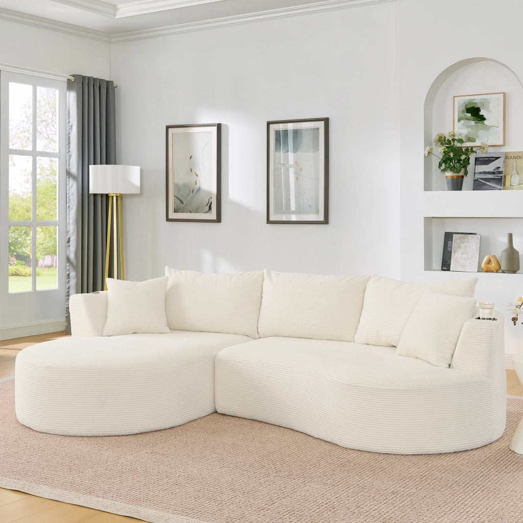 Divano 3 Posti con Chaise Longue Sinistra ¨C MINIMAL ¨C Velluto a Coste, Beige, con Cuscini e Portabicchieri