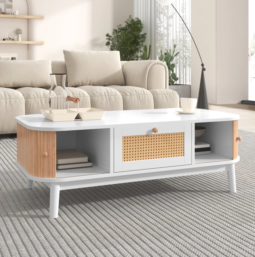 Tavolino da caffè 110x55 cm bianco e legno con contenitore