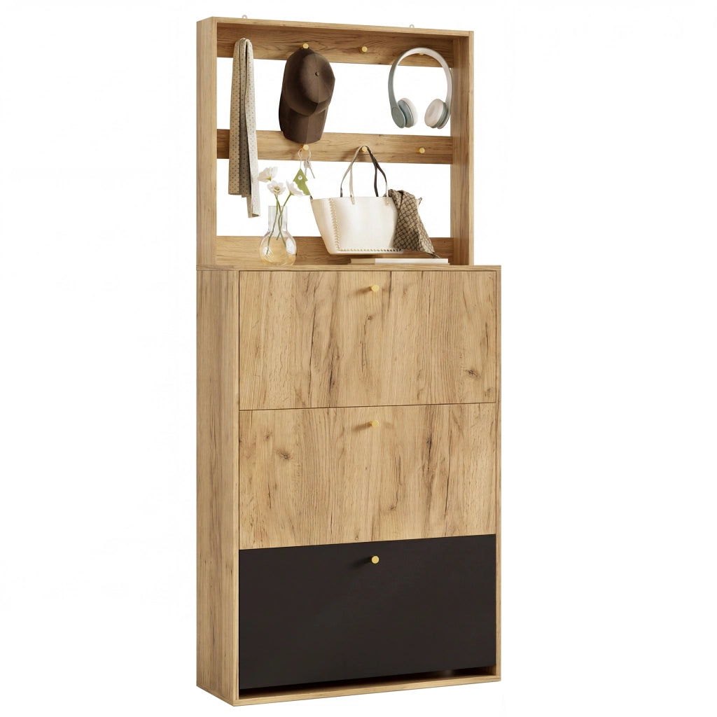 Mobile per scarpe con 3 scomparti ribaltabili; ganci e ripiano regolabile; per ingresso; 75 × 24 × 180 cm