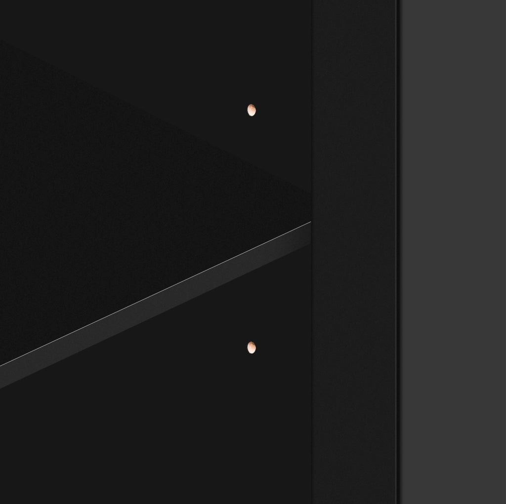 Credenza nera con superficie a specchio; 4 ante e 2 ripiani interni mobili; 160x40x84 cm in MDF