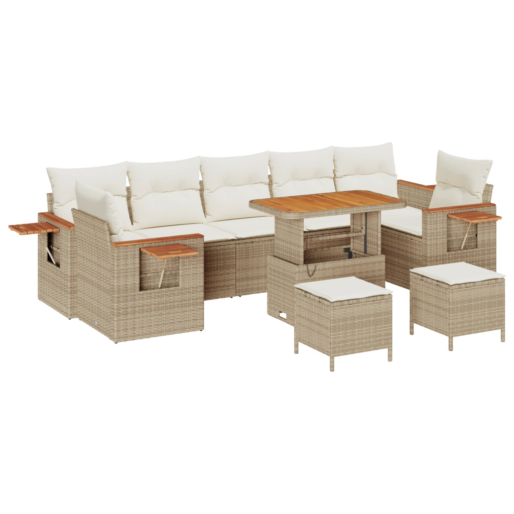 Set divano da giardino 10 pezzi  con cuscini beige in polirattan e legno
