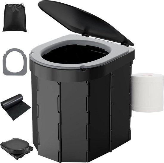 Toilet portatile con coperchio e cuscino di comfort 27 litri, con sacchetto di stoccaggio e supporto per il rotolo di carta igienica, ideale per campeggio, escursioni, viaggi e pesca.