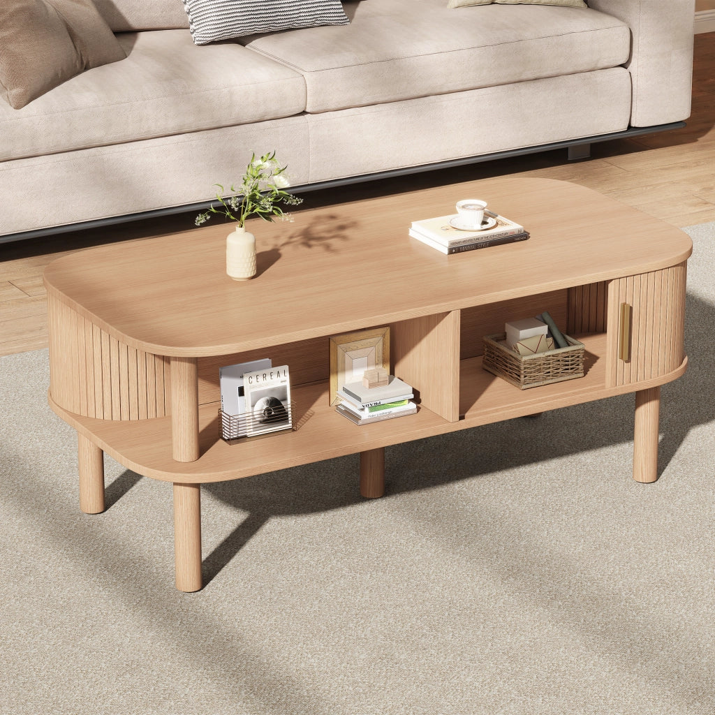 Tavolino basso con anta scorrevole e vani contenitore, in MDF, per soggiorno, stile scandinavo, 110 × 55 × 45 cm
