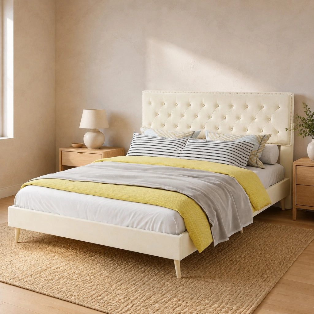 Letto matrimoniale 140x200 cm in velluto olandese beige con testiera alta