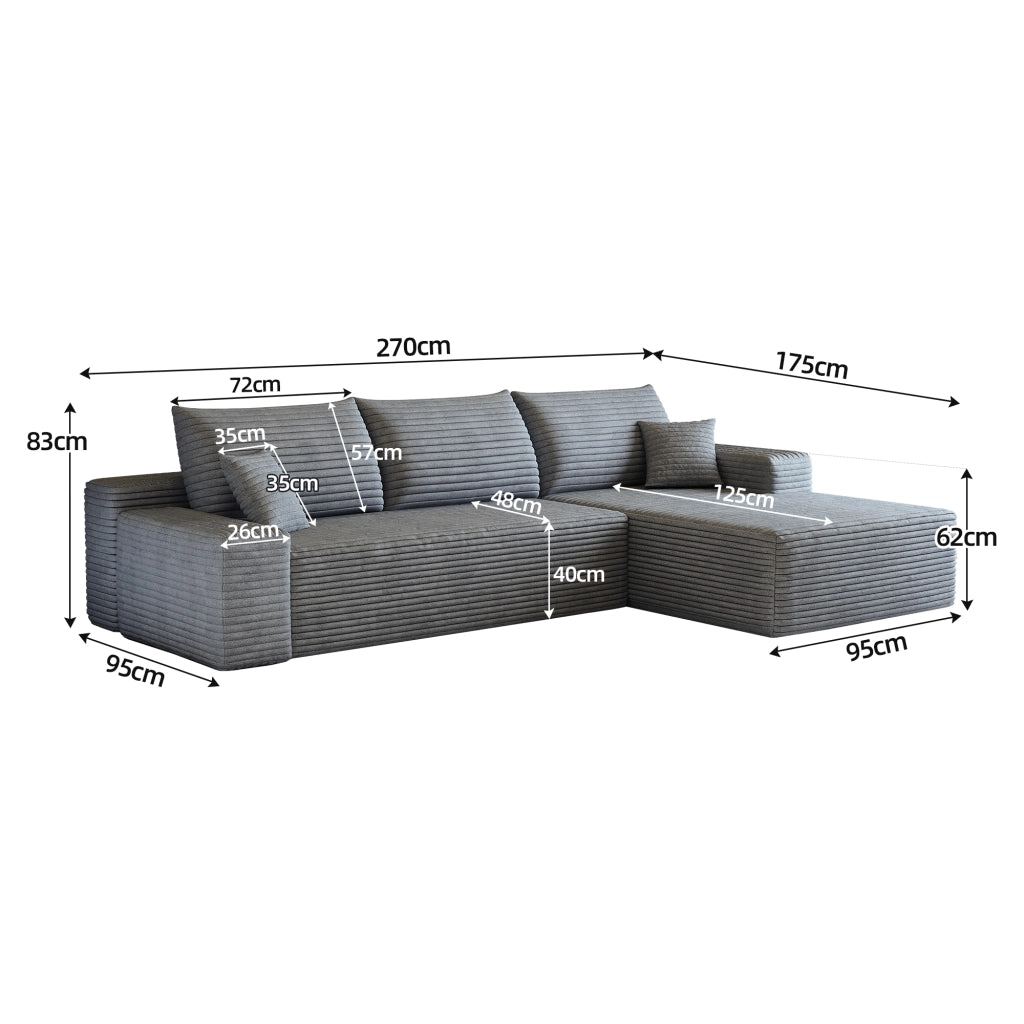 Divano angolare modulare con chaise longue in tessuto a coste e schiuma ad alta elasticità grigio