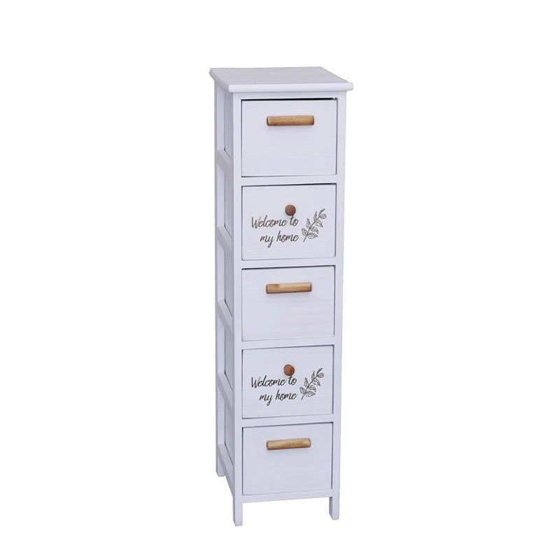 MOBILE BIANCO CON SCRITTA WELCOME COMPRESO DI 5 CASSETTI IN LEGNO DI DIMENSIONI 26 X 32 X 98 CM