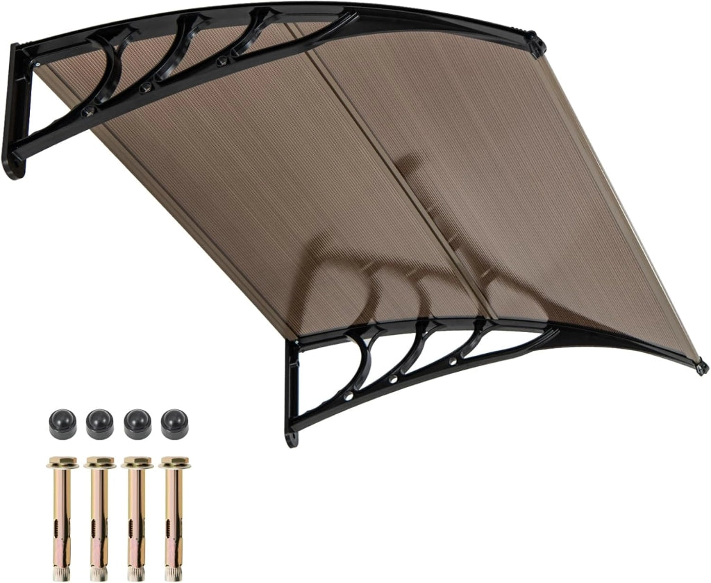 Tettoia per Porta Finestra, Pensilina Tettoia per Porta in Policarbonato, per Protezione da Sole, Pioggia, Neve, per Balcone, Finestre e Porte (122 x 99 x 28 cm,Marrone)