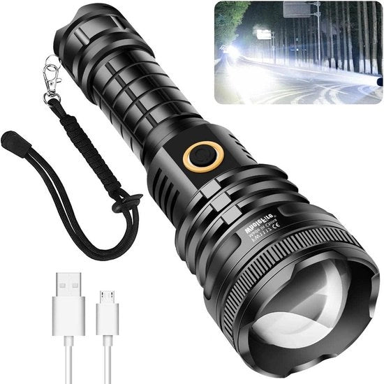 Lampada da Tascabile USB da 10000 Lumen con XHP90 - Zoomabile e Impermeabile - per Campeggio e Bicicletta - Regolabile Focus - 5 Modalità di Illuminazione