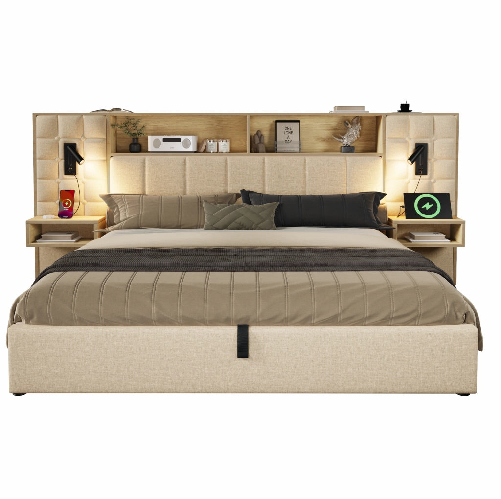 Letto matrimoniale 160x200 cm con contenitore; in tessuto effetto lino beige; luci lettura e ricarica USB-C
