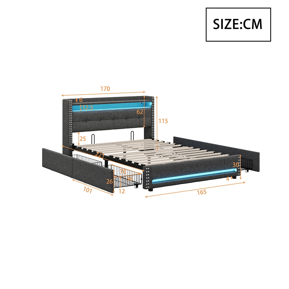 Letto imbottito 160x200 cm - Xylo - Grigio - Luci LED, 4 cassetti, presa USB