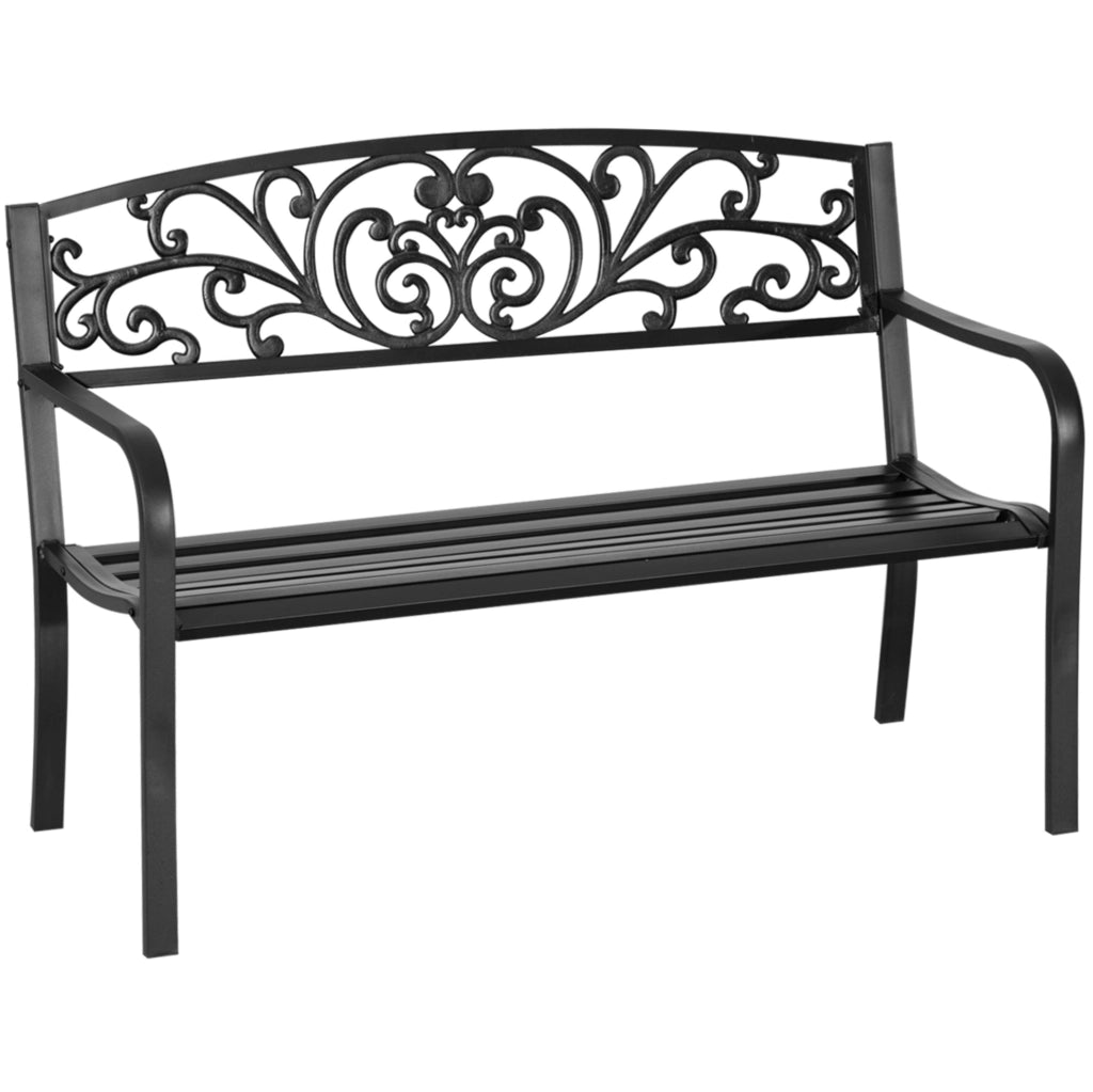 Panchina da giardino 2 posti in metallo con schienale decorato e braccioli; nera; 127x60x87 cm