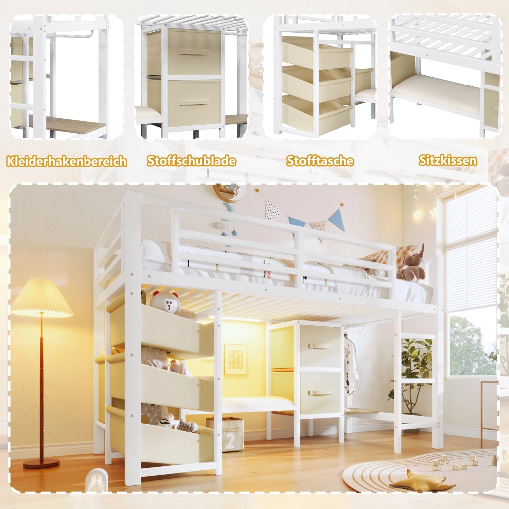 DESMIU Letto Rialzato 1 Posto con Cuscino Seduta, Cassetto, Tasca Contenitore e LED 90 × 200 cm senza Materasso