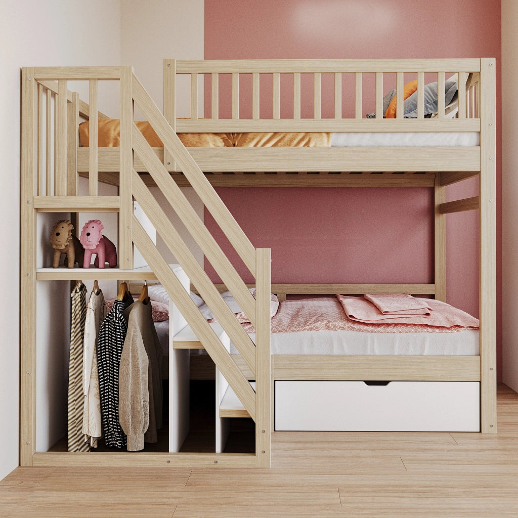 Letto a castello in legno massello 90x200 cm con scala contenitore e cassetti; bianco e legno naturale
