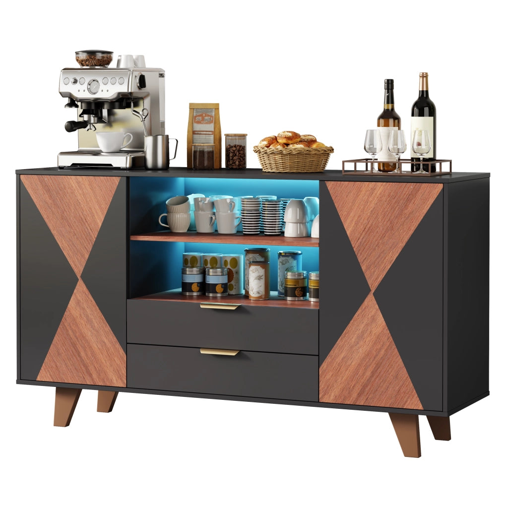 Credenza multifunzione con LED RGB, 2 cassetti, ripiani regolabili e vani aperti, 150 × 40 × 90 cm