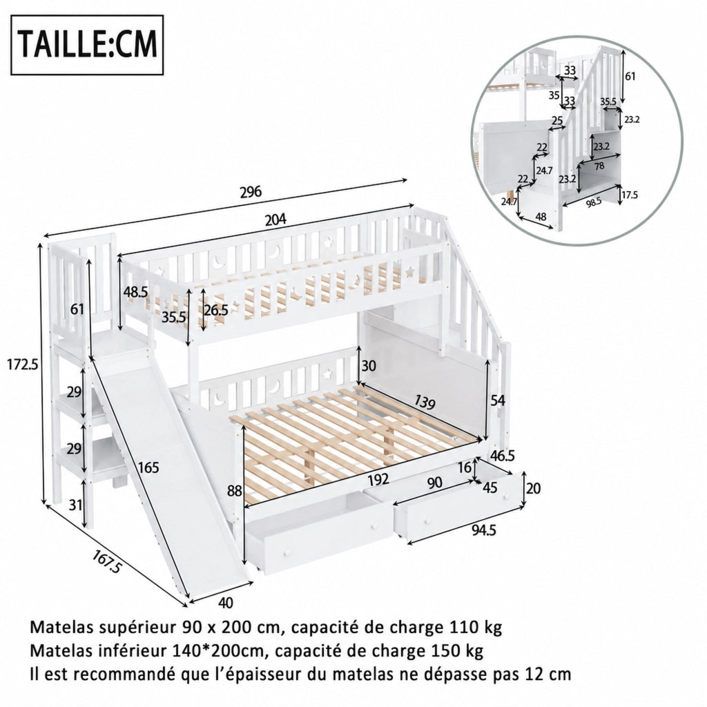 DESMIU Litto a castello bambino 90 × 200 e 140 × 200 cm con scivolo, scala, 2 cassetti, senza materasso, bianco