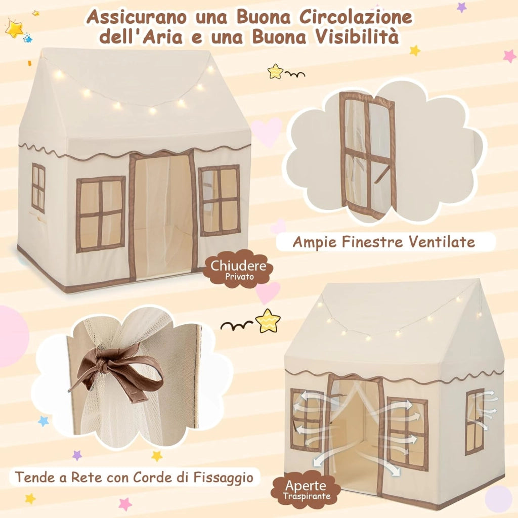 Tenda da Gioco per Bambini con Luci a Stella, Tappetino in Velluto Lavabile e Antiscivolo, Finestre e Tende a Rete, Ideale per Interni ed Esterni per Bambini 3 Anni + (Giallo)