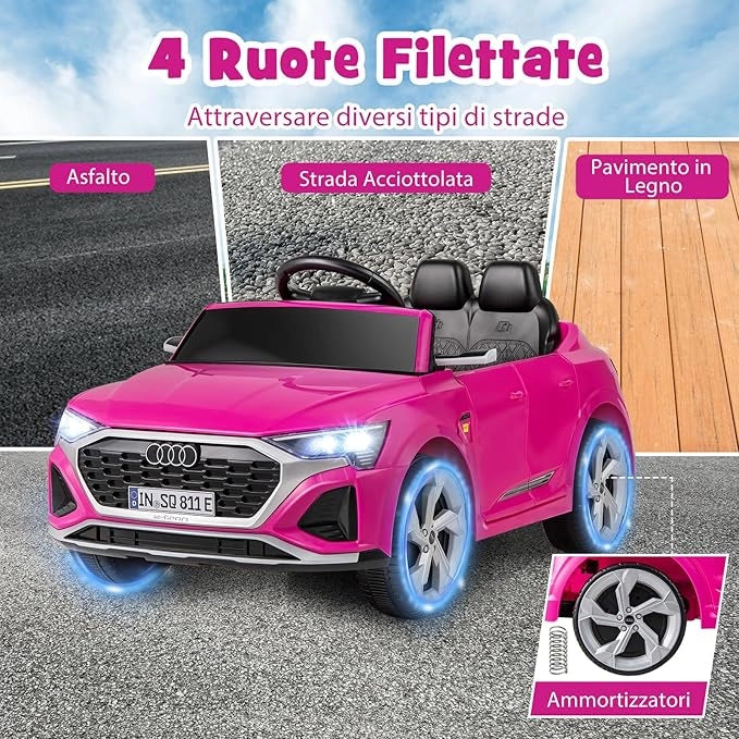 12V Audi Auto Elettrica per Bambini, Veicolo Elettrico con Telecomando Clacson Luci LED Musica, 3 Velocità 3-5 Km/h, Avvio Morbido, Auto per Bambini 3 Anni+ (Rosa)