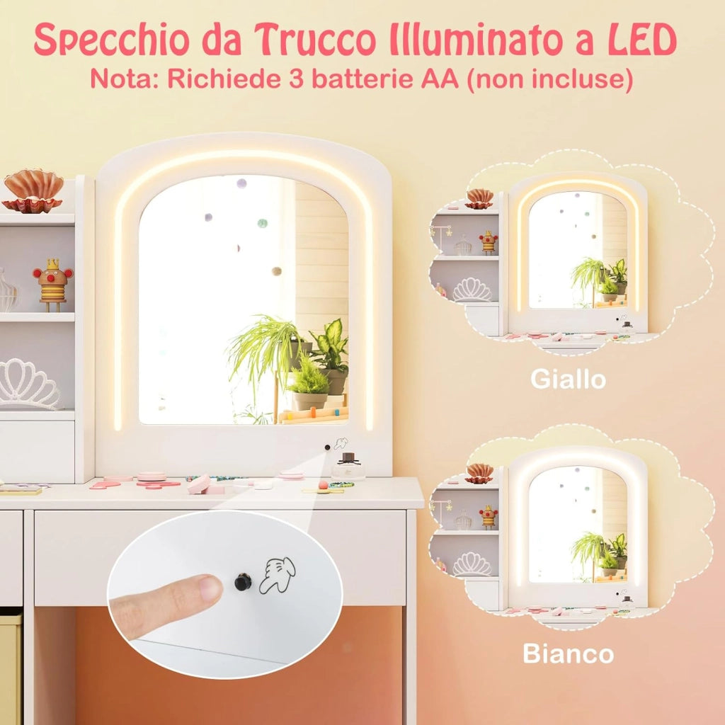 Set Toeletta Trucco per Bambina con Sedia, Specchiera Trucco con Specchio Acrilico e Luci LED a 2 Colori, Postazione Trucco 3 con Cassetti 2 Box in Tessutto, per Bambine di 3+ Anni