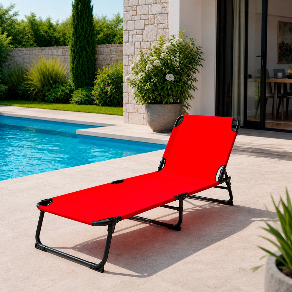 Lettino Sdraio Pieghevole Prendisole Con Schienale Reclinabile Regolabile Telaio In Metallo Nero Per Mare Piscina Giardino 187 x 53 x 24 Cm Rosso