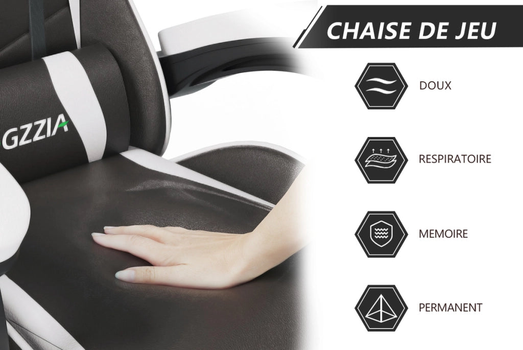 Sedia da gioco,  Sedia da gioco ergonomica, altezza regolabile, schienale reclinabile, braccioli e poggiatesta, nero e bianco