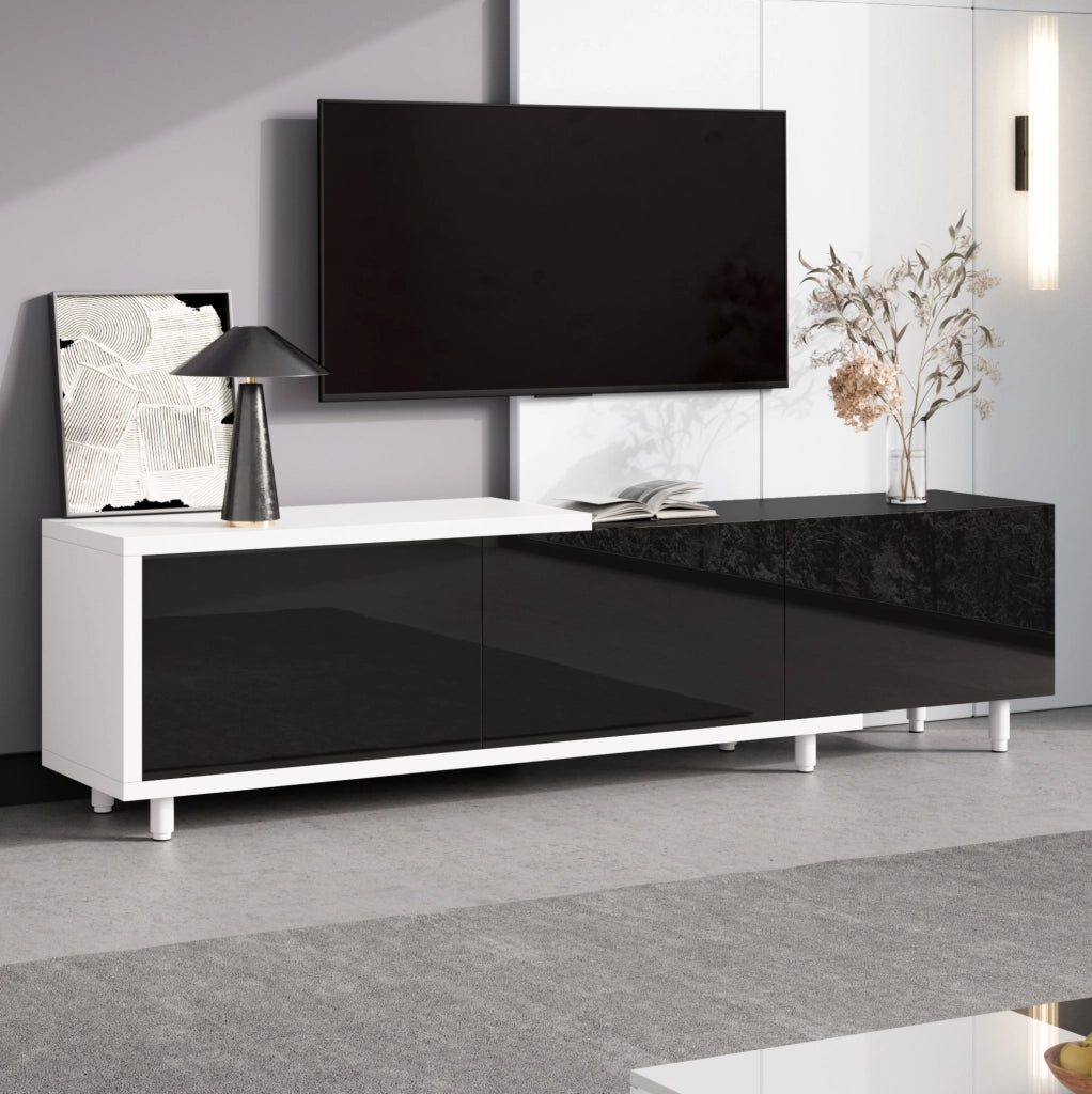 Mobile TV 258x38x48.5 cm allungabile con 3 ante; MDF e pannello truciolare; nero e bianco