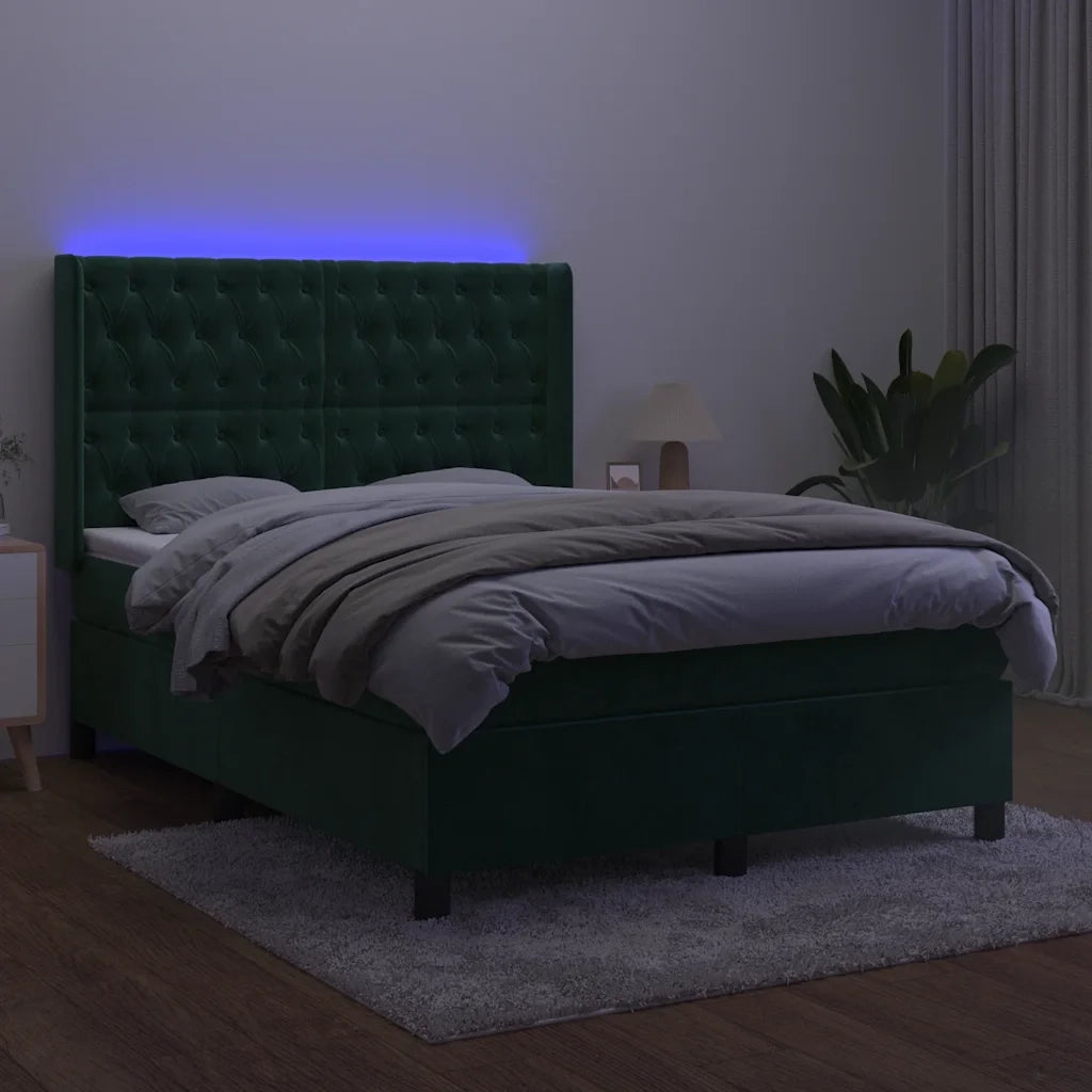 Letto a Molle con Materasso e LED Verde Scuro 140x200cm Velluto 3139748