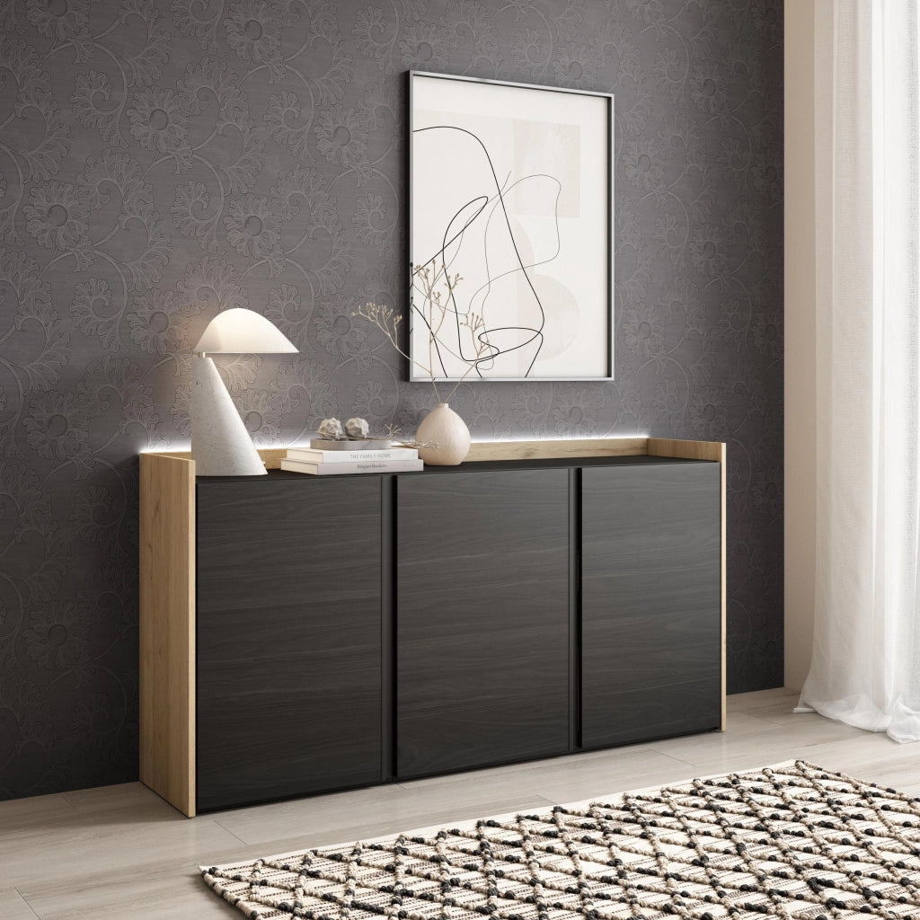 Credenza, Mobile, Cucina, 156x80x35 cm, 3 Porte, LED, Nero e rovere