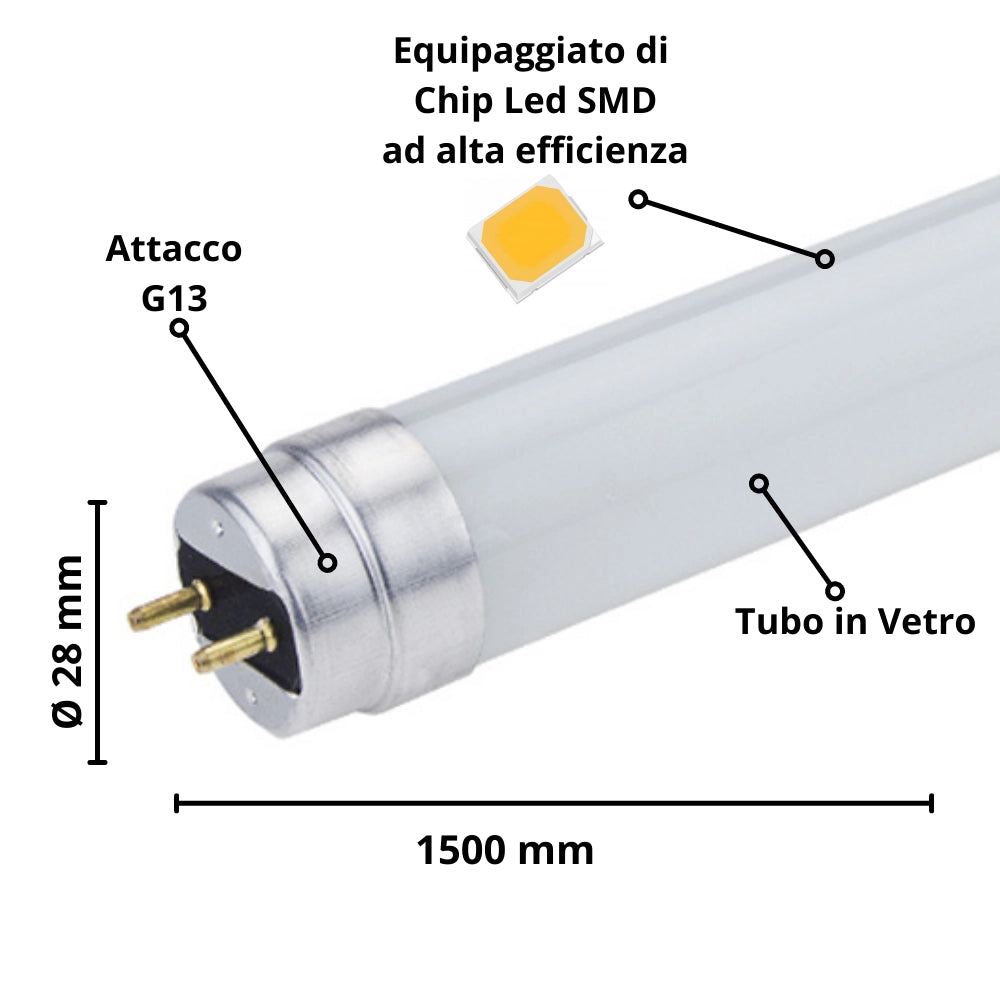Tubo led t8 22watt 150cm vetro attacco g13 risparmio energetico 3000k pezzi 3