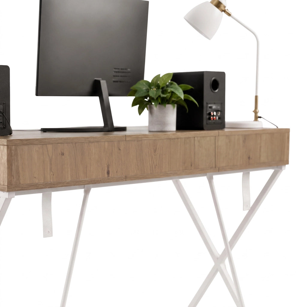 Scrivania PC industriale Rovere Artisan CROSSLINE 120 cm 2 cassetti 1 ripiano gambe bianche