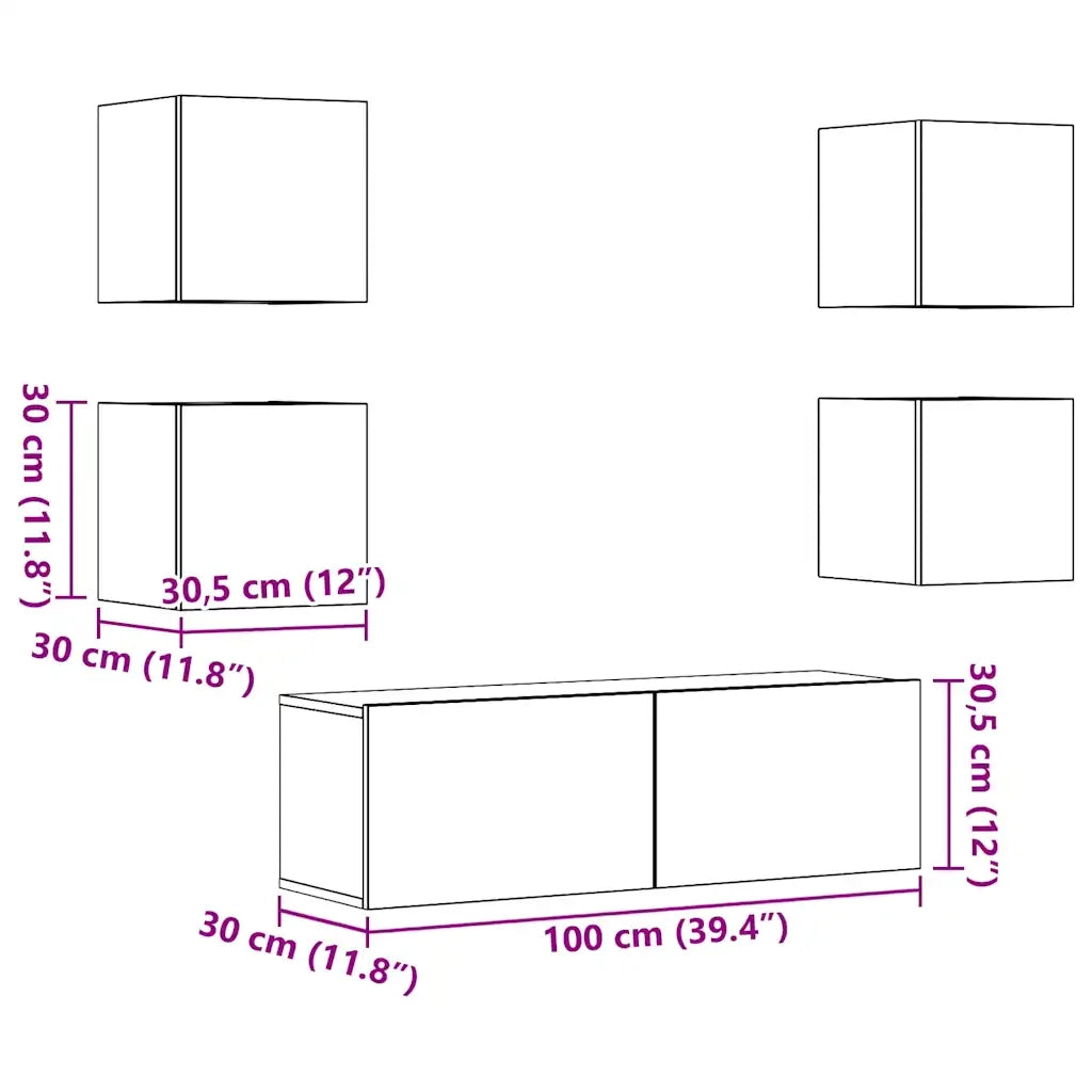 Set Mobile TV 5 pz-Credenza per TV Montato a Parete Rovere in Legno Multistrato 663576