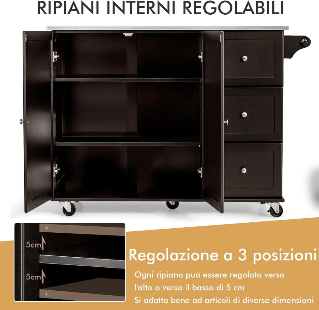 Carrello da Cucina, Isola da Cucina con Piano in Acciaio Inox, 3 Cassetti e Armadietto a 2 Ante, Ripiani Regolabili e Portasciugamani e Portaspezie, 135x45,5x 91,5 cm (Marrone)