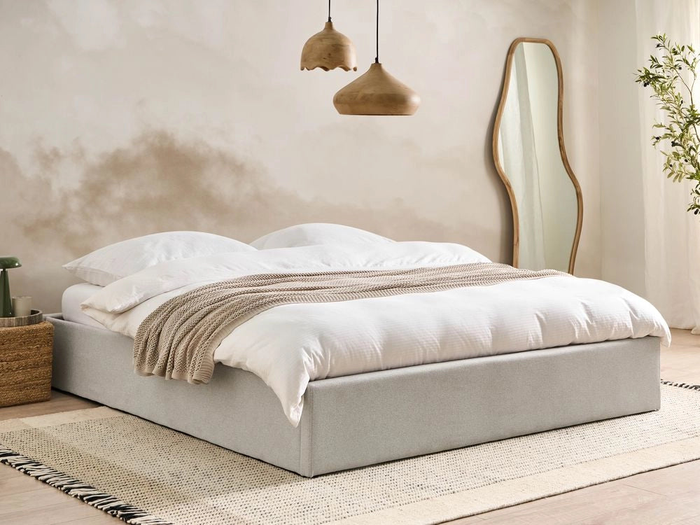 Letto matrimoniale con contenitore in tessuto grigio chiaro 180 x 200 cm portaoggetti stile moderno