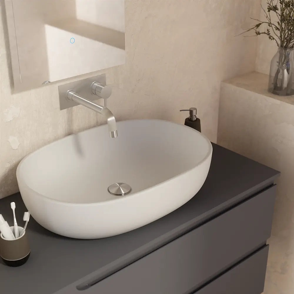 Lavabo da appoggio ovale con bordo slim 61x41x13,5 cm Bianco opaco