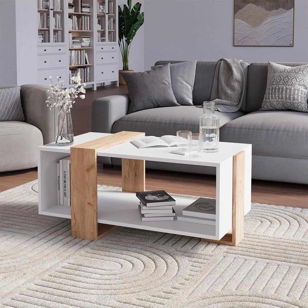 Tavolino Aven, Rovere bianco/dorato, 91.5 x 52 cm, con ripiano aggiuntivo per libri e riviste