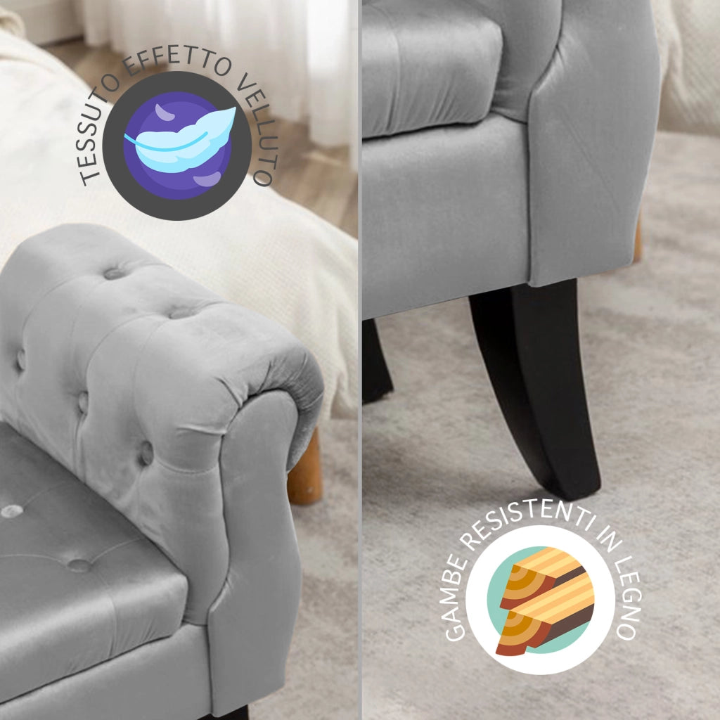 Divanetto In Velluto Panca Contenitore Pouf PortaOggetti Panca Sgabello A Pie Di Letto Cassapanca Ingresso Legno Massello Panchina - GrigioChiaro