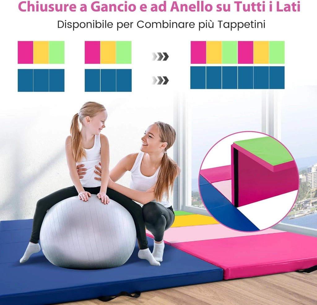 Tappetino Palestra Pieghevole a 4 Pannelli, Tappetino Ginnastica 300 x 117 x 5 CM con Maniglie e Chiusure a Strappo, per Ginnastica, Yoga e Stretching