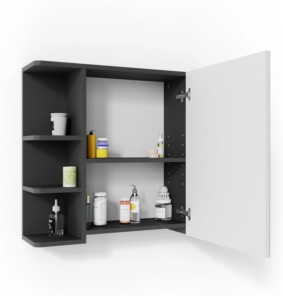 Specchio contenitore bagno Fynn, Antracite, 79.6 x 64 cm, con specchio e ripiani aperti per montaggio a parete