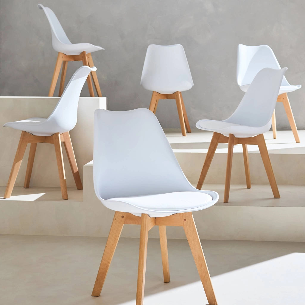Set 6 sedie scandinave imbottite, gambe in legno per sala da pranzo,