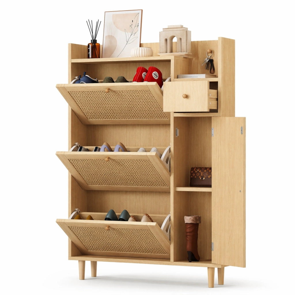 Scarpiera salvaspazio con 3 ante a ribalta e cassetto; 90x125x17 cm; naturale; in MDF e legno massello
