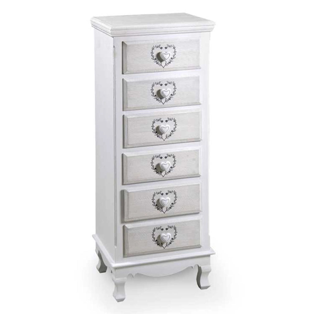 VINCY CASSETTIERA CON DECORO CUORE A 6 CASSETTI 40X30X111 CM BIANCA