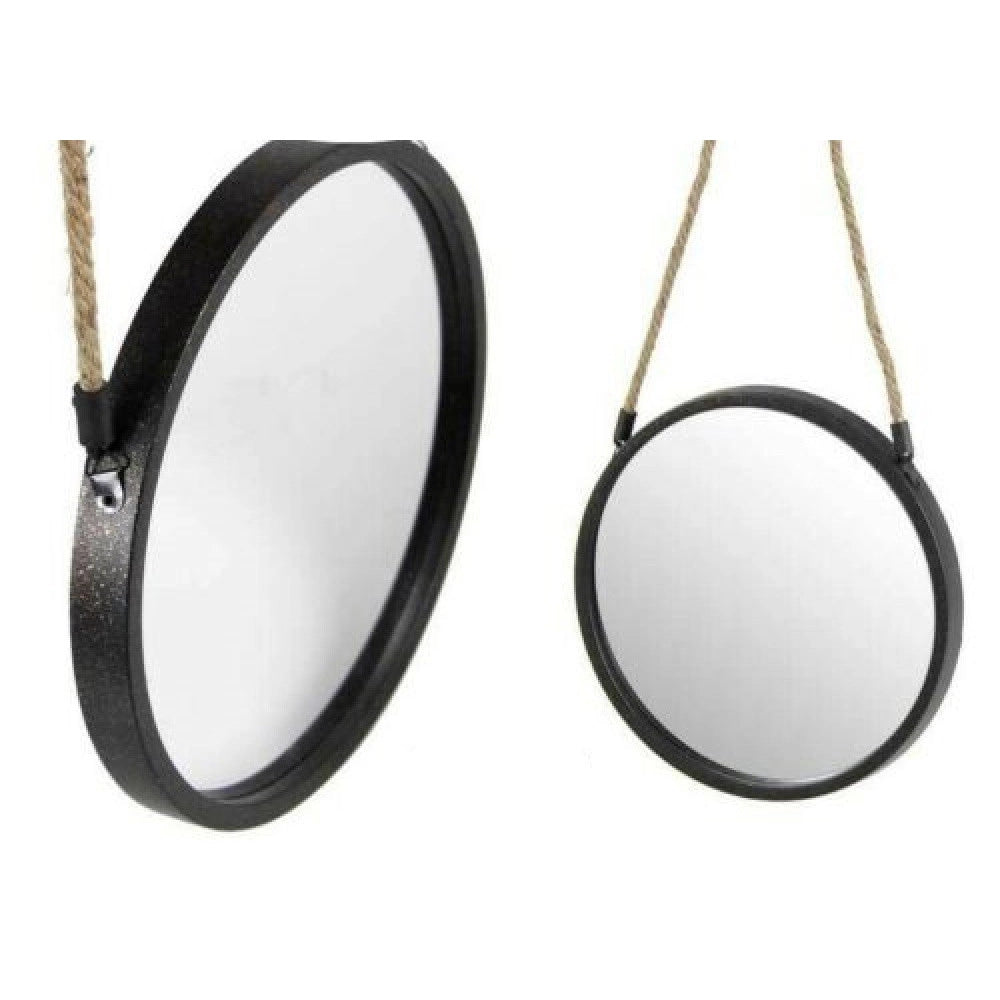 Trade Shop - Specchio 25 Cm Con Corda Specchiera Parete Tondo Moderno Nero In Metallo 777042 -
