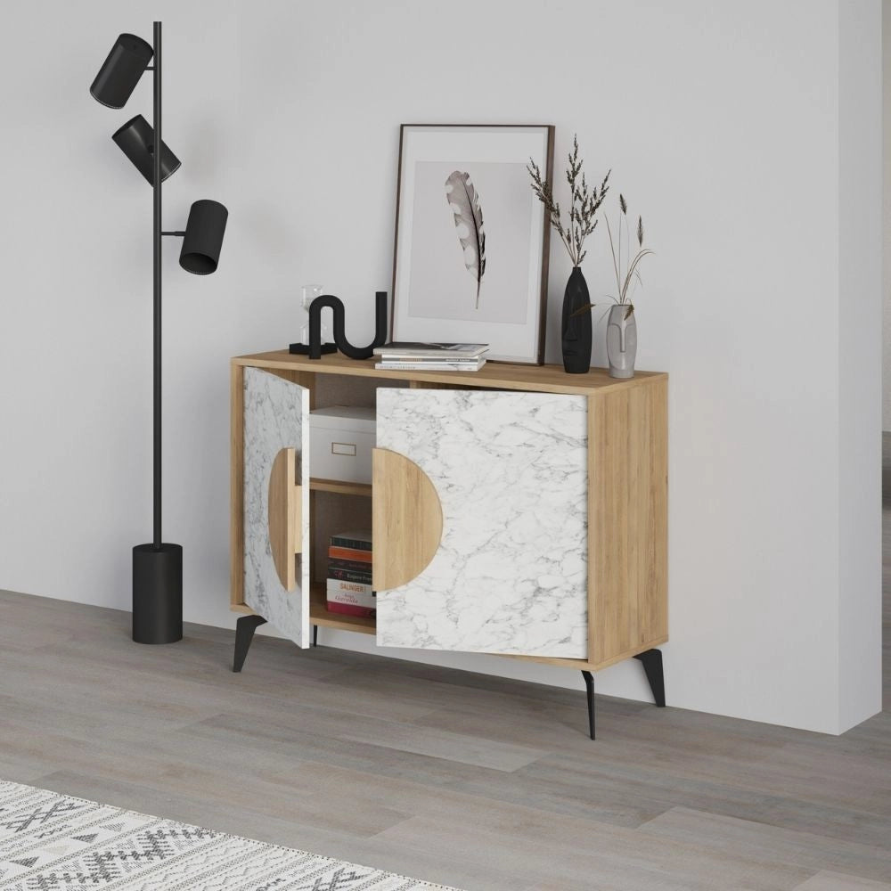Madia 2 ante Gora110 110x35,6x82 colore bianco effetto marmo carrara e rovere